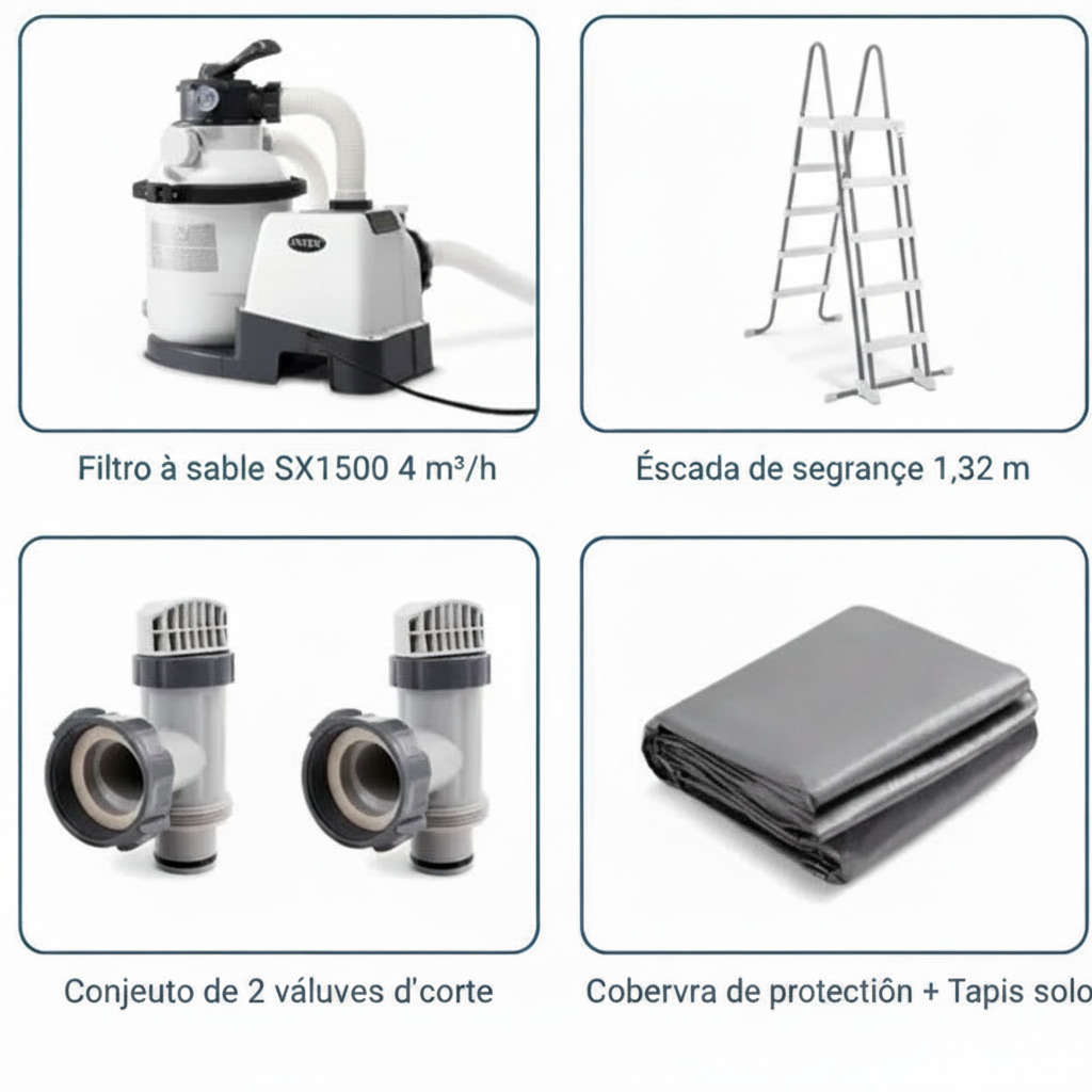Equipamentos incluídos: filtro a areia, escada, válvulas e cobertura – Piscina Intex Graphite 6x3m