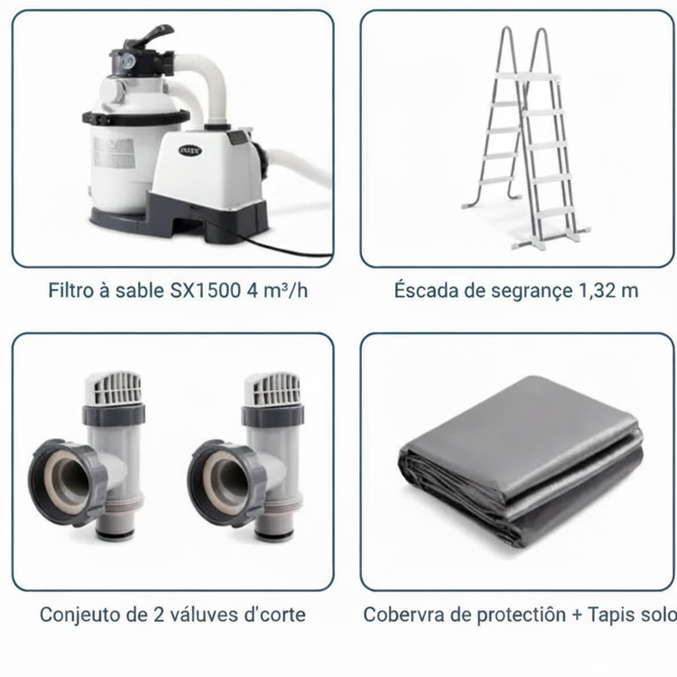 Equipamentos incluídos: filtro a areia, escada, válvulas e cobertura – Piscina Intex Graphite 6x3m